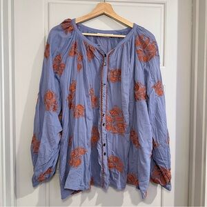 Roller Rabbit Lora Ada Embroidered Cotton Peasant‎ Blouse Size XL